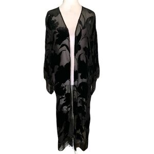 Johnny Was Medium Black Sheer Velvet Fringe Burnout Silk Floral Kimono Witchy